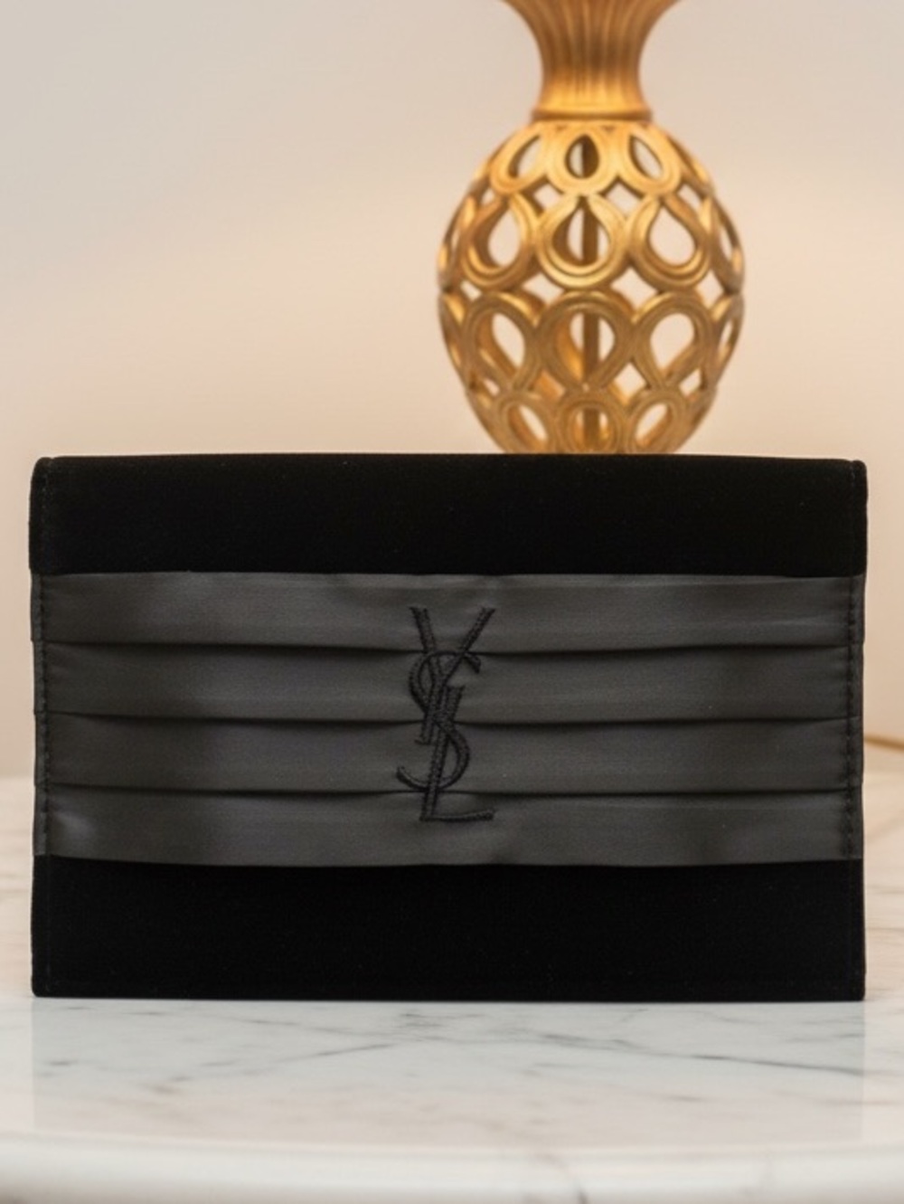 Yves Saint Laurent YSL Black Velvet Satin Evening Parfums Bag Clutch Cosmetic